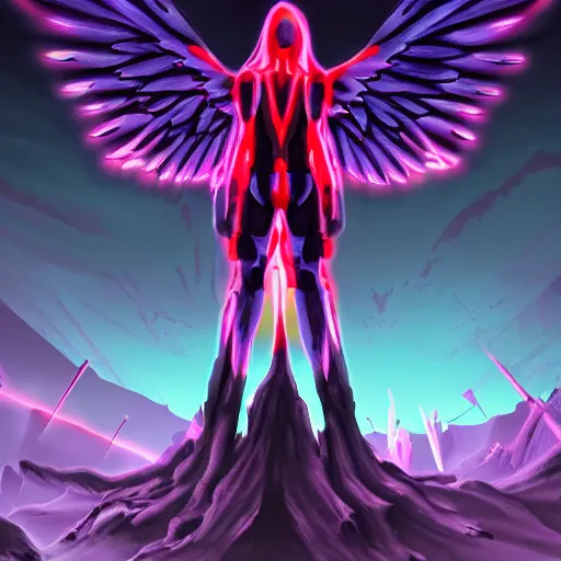 Prompt: evangelion biblical angel invaders with neon wings in a dim dark forest colorful 4 k path traced high definition detailed artstation realistic trending dramatic lighting dark and light contrast gothic pastel