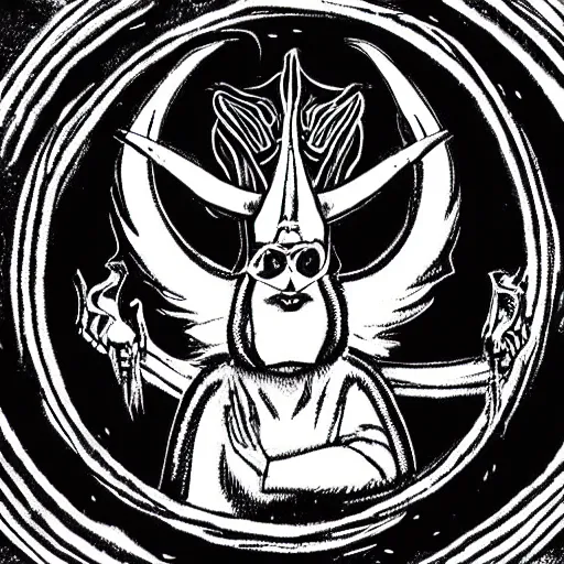 Prompt: baphomet wearing a dark hooded cloak on the dj decks