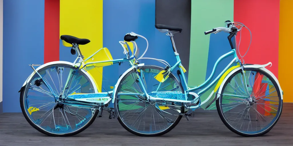 Prompt: Klein Adroit bicycle, covered in brand logos, multiple bright colors, lightbox