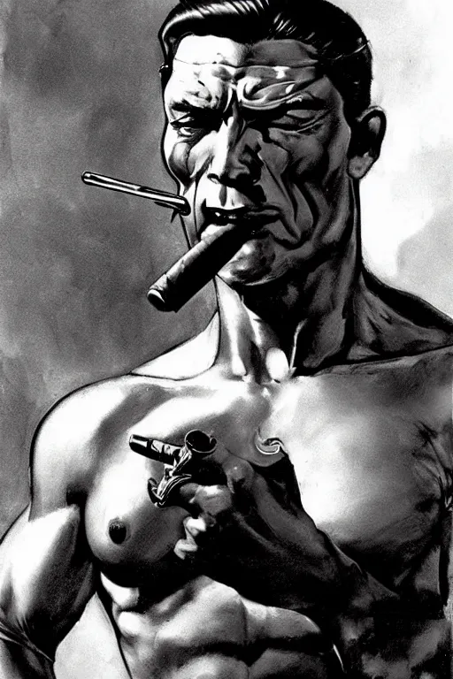 Image similar to A muscular male android smoking a cigar in a cyberpunk setting, by Frank Frazetta, Trending on Artstation, highly detailed,