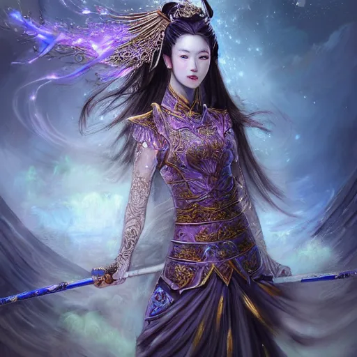 Image similar to beautiful ancient fantasy portrait of wuxia armor heroine, wearing Xian Xia wardrobe, in forbidden City, hybrid from Dynasty Warriror, flowers sea rainning everywhere, intricate, very very beautiful, elegant, highly detailed, digital painting, beautiful glowing galaxy eyes, human anatomy, hyperrealistic, soft light, dynamic, artbreeder, artstation, fantasy concept art, smooth, sharp focus, illustration, art by alphonse mucha and tian zi and WLOP