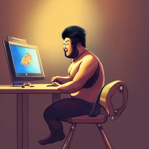 Image similar to an insanely detailed painting of a chubby asian man wearing a homemade superhero costumed, sitting at a computer desk typing on the keyboard, in the style of peter mohrbacher, dramatic lighting and composition, trending on artstation, concept art, comic book, graphic novel