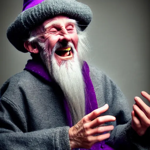 Image similar to a crazy old druid wizard, bald, bushy grey eyebrows, long grey hair, disheveled, wise old man, wearing a grey wizard hat, wearing a purple detailed coat, a bushy grey beard, sorcerer, he is a mad old man, laughing and yelling