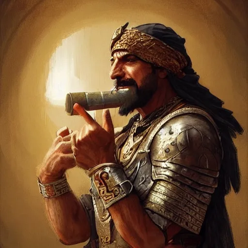 Image similar to an, old, weathered middle eastern warrior, drinking alcohol, D&D, highly detailed, digital painting, artstation, concept art, sharp focus, illustration, cinematic lighting, art by artgerm and greg rutkowski and alphonse mucha