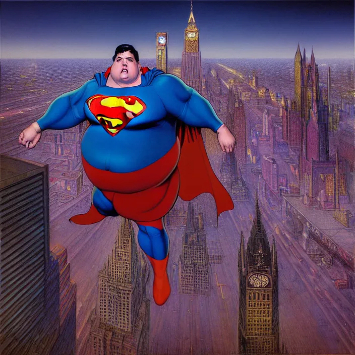Image similar to hyperrealistic mixed media portrait of a a mordidly obese superman floating through the air over empty city streets at midnight, despair, stunning 3d render inspired art by P. Craig Russell and Barry Windsor-Smith + perfect facial symmetry + dim volumetric lighting, 8k octane beautifully detailed render, post-processing, extremely hyperdetailed, epic composition, grim yet sparkling atmosphere, cinematic lighting + masterpiece, trending on artstation