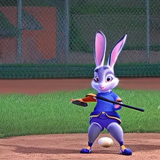 Prompt: Judy Hopps batting at a ZPD baseball game