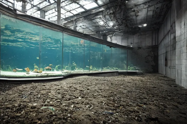 Image similar to national geographic photo of aquarium in dimly lit abandoned industrial room