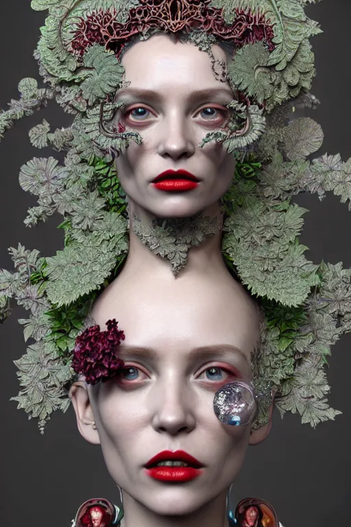 Prompt: complex 3 d render, hyper detailed ultrasharp biomechanical mandelbrot fractal filigree female cyborg portrait with a beautiful porcelain profile face, crown with big hydrangea foliage leaves stems roots, red lips, h. r. giger alexander mcqueen haute couture, art nouveau fashion, octane render, 8 k