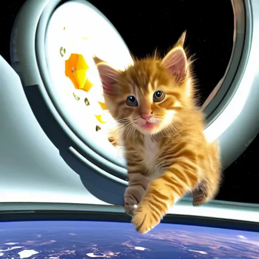 Prompt: 3D realistic action sequence of an astronaut ((cream colored maine coon kitten)) floating next to the James Webb Telescope in outer space, an unopened bag of kitty litter floats nearby, in the background friendly cute cute cute alien spacecraft