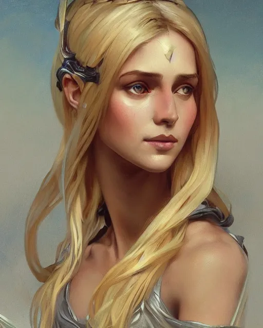 Image similar to '' Portrait of Beautiful blonde Slavic woman in her early 30’s, league of legends, LOL, fantasy, d&d, digital painting, artstation, concept art, sharp focus, illustration, art by greg rutkowski and alphonse mucha ''