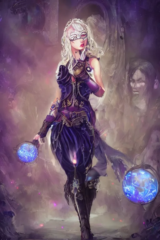 Image similar to Path of Exile, Maven, blue eyes female image with silver purple hair among colourful lights, dark blue spheres fly around, Anachronism, painting, dark fantasy, steampunk, 4k