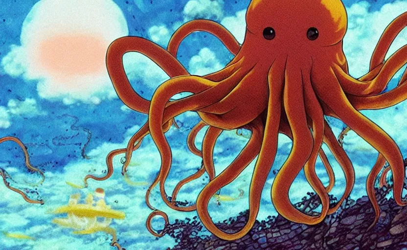 Image similar to a realistic cell - shaded studio ghibli concept art from paprika ( 2 0 0 6 ) of a flying multi - colored octopus from close encounters of the third kind ( 1 9 7 7 ) and dimensional portal to another world above a flooded medieval town on a misty starry night. very dull colors, wide shot, hd, 4 k, hq