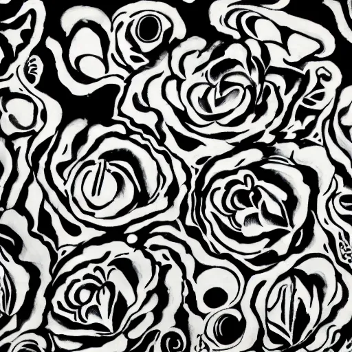 Prompt: black roses in a vase on a table with an ornate patterned tablecloth, in the style of audrey kawasaki, photorealistic, painted by wassily kandinsky and hr giger and georgia okeeffe, moody lighting, black and white illustration