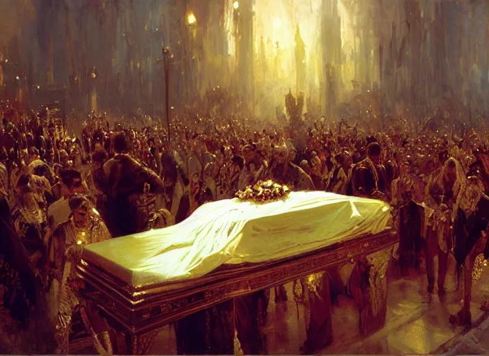 Image similar to the king's funeral, the king dead in the coffin, highly detailed painting by gaston bussiere, craig mullins, j. c. leyendecker