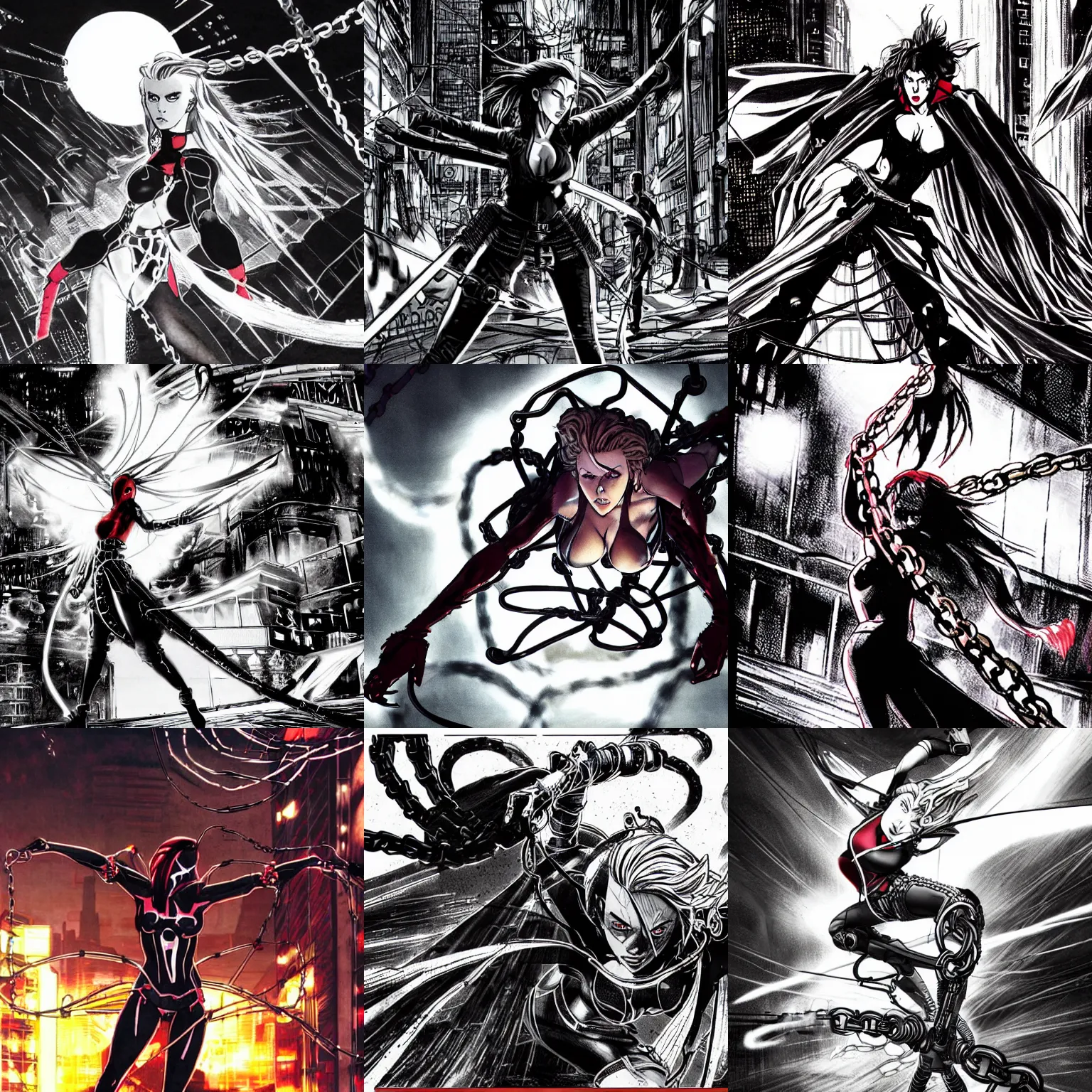 Prompt: scarlett johansson as spawn spinning with swinging chains in ninja scroll anime style, pencil and ink manga, full body action pose, dramatic lighting in a post apocalyptic cyberpunk city, at night with dramatic moonlight, drawn with added movement effects