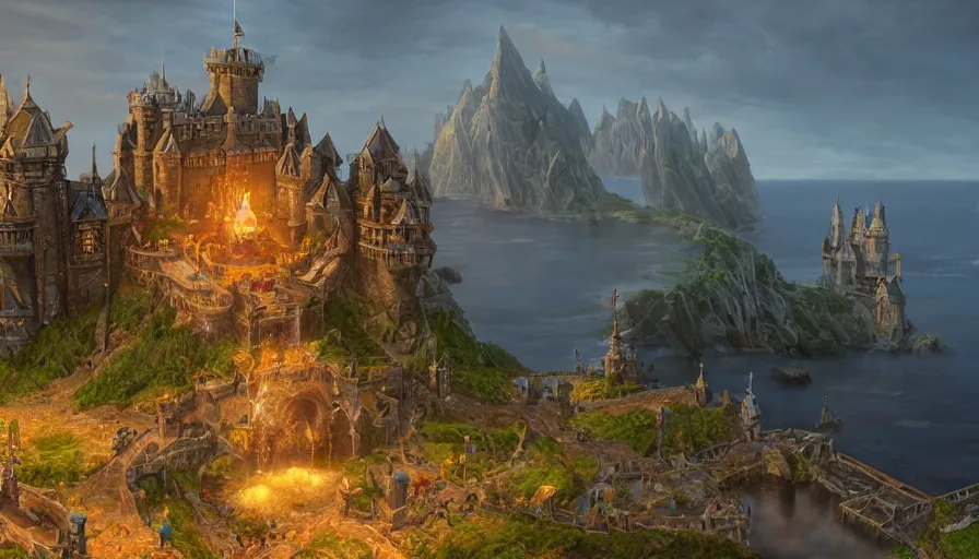 Image similar to a beautiful photo realistic still image looking across a crystal clear sea at stormwind castle from the warcraft movie, by greg rutkowski, trending on artstation, masterpiece,