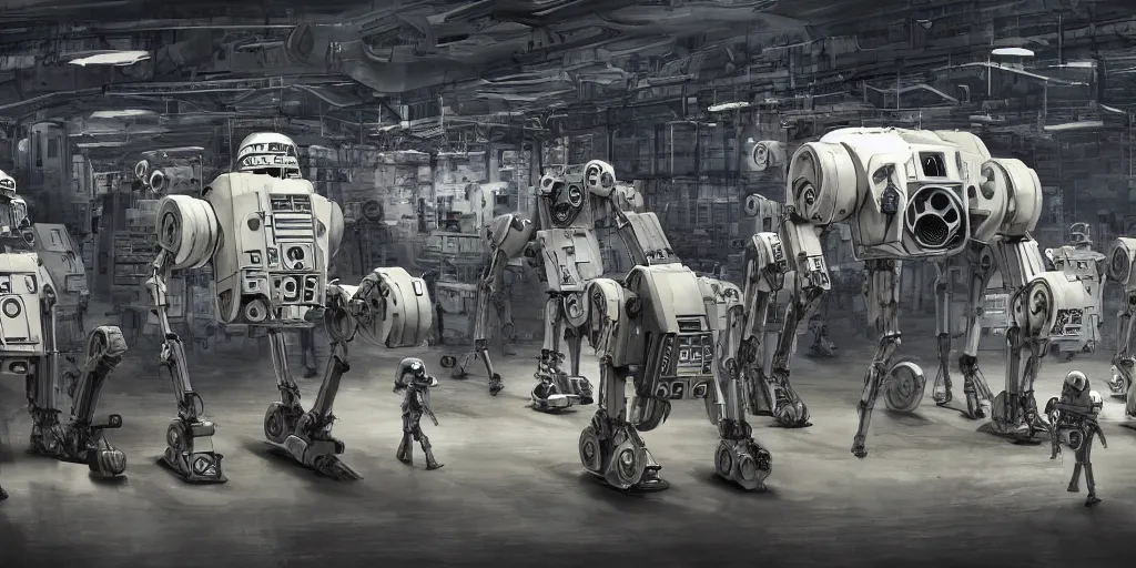 Prompt: a huge factory where they make battle droids for the military, art, high detail, high definition, 8k,