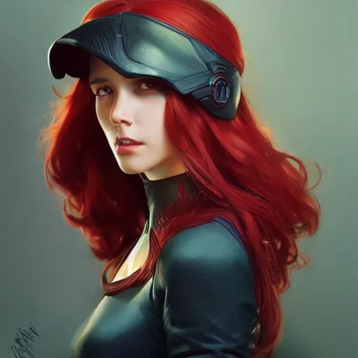 Prompt: a cool red - bun - haired girl. she is dressed as a superhero. clean elegant painting, beautiful detailed face. by artgerm and greg rutkowski and alphonse mucha