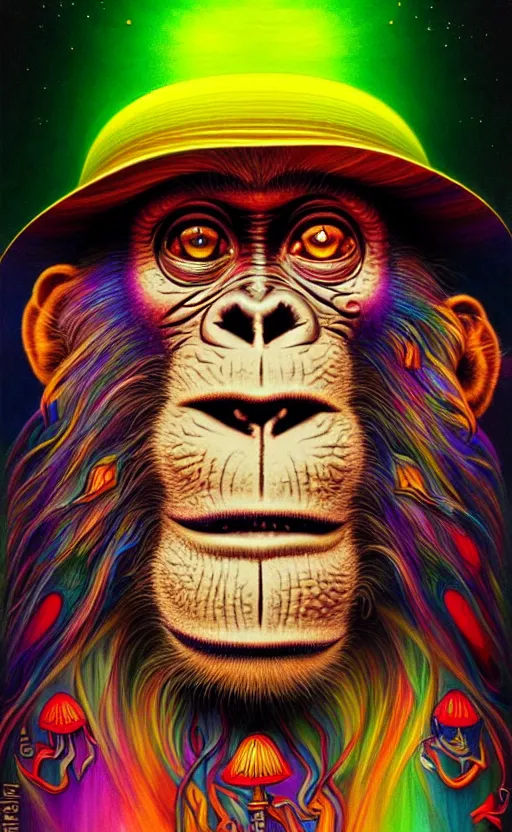 Prompt: An extremely psychedelic celestial Monkey in his black fedora hat, colorful, surreal, dramatic lighting, magic mushrooms, psilocybin, LSD, face, detailed, intricate, elegant, highly detailed, digital painting, artstation, concept art, smooth, sharp focus, illustration, art by Krenz Cushart and Artem Demura and alphonse mucha