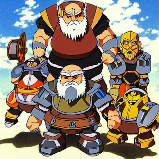 Prompt: dwarves fighting robots, anime by Hayao Miyazaki