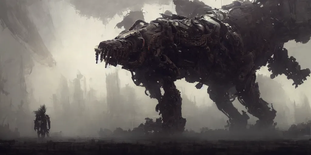 Prompt: beautiful painting by jeremy mann, a mechanical jaguar creature of horizon forbidden west horizon zero dawn, depressing concept art, fantasy, desaturated, ominous, unsettling, sharp focus, octopath traveler, unreal engine highly rendered, global illumination, dramatic lighting, misty, volumetric fog