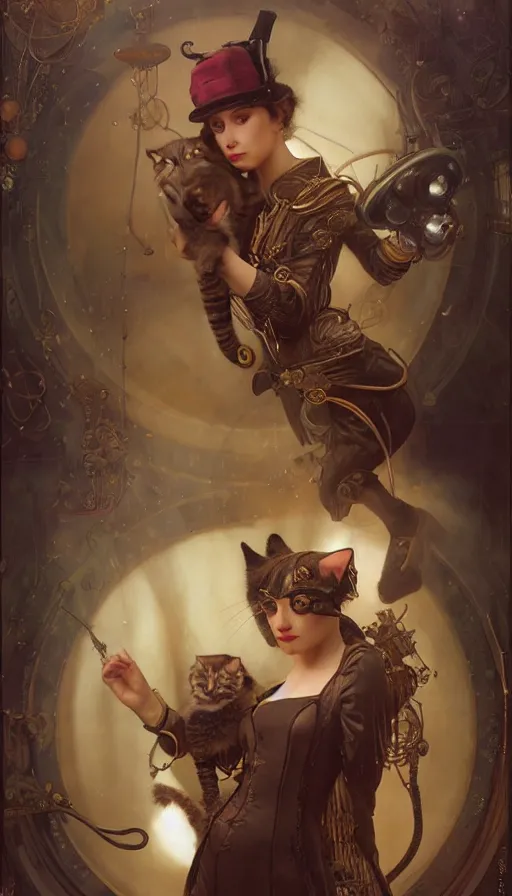 Image similar to hyper realistic photographer taking a picture of a cat, magical, steampunk, painted by tom bagshaw, mucha, gaston bussiere, craig mullins, j. c. leyendecker 8 k