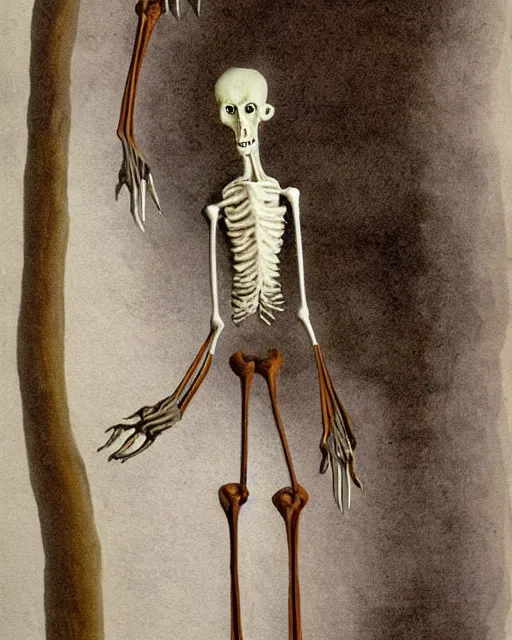 Prompt: Painting of a pale, emaciated, and lanky humanoid creature. It has long bony arms and legs and its ribs are visible. It had sharp teeth and claws with pale milky eyes; snow, woods, blood