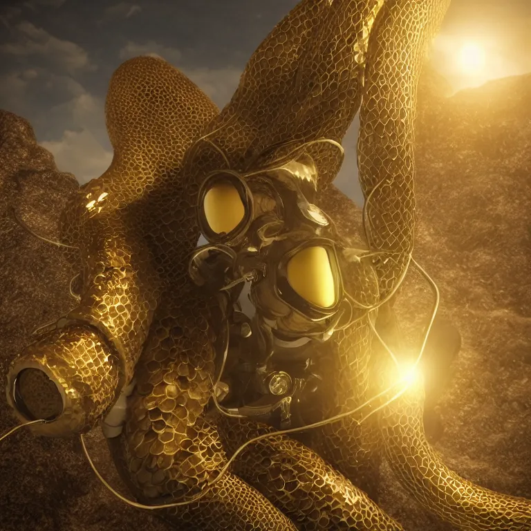 Image similar to octane render portrait by wayne barlow and carlo crivelli and glenn fabry, subject is a futuristic scuba diver wrapped up in and completely covered by giant long shiny reflective golden octopus tentacles, cinema 4 d, ray traced lighting, very short depth of field, bokeh