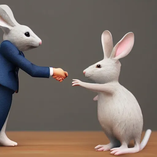 Image similar to a mouse in a suit shaking hands with a rabbit in a suit. Unreal 5 render volumetric lighting, beautiful, 4k UHD, ultra high quality