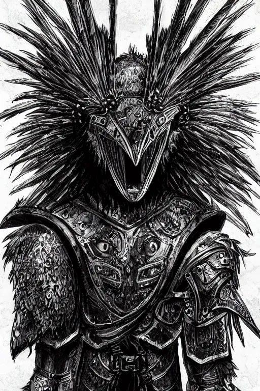 Image similar to armoured raven humanoid monster, crows feet, symmetrical, highly detailed, digital art, black feather armour, sharp focus, trending on art station, kentaro miura manga art style