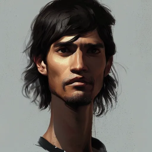 Image similar to portrait of a peruvian man by greg rutkowski, he is about 3 0 years old, short black hair with bangs, very tall and slender, he is wearing a beige and black utility jumpsuit, highly detailed portrait, digital painting, artstation, concept art, smooth, sharp focus ilustration, artstation hq