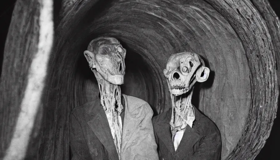 Image similar to 50s movie still close-up portrait of a skinny old male with a taxidermic mask and bones clothes in a liminal space style tunnel, early black and white 8mm, heavy grain, low quality,
