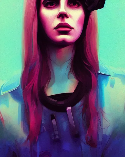 Image similar to portrait of lana del rey as a cyborg. realist abstract. key art. cyberpunk, blue and pink, intricate artwork. clear face, art by tooth wu, wlop, beeple, dan mumford. 8 k octane render, trending on artstation, greg rutkowski very coherent symmetrical artwork. cinematic, hyperrealism, very detailed, iridescent accents