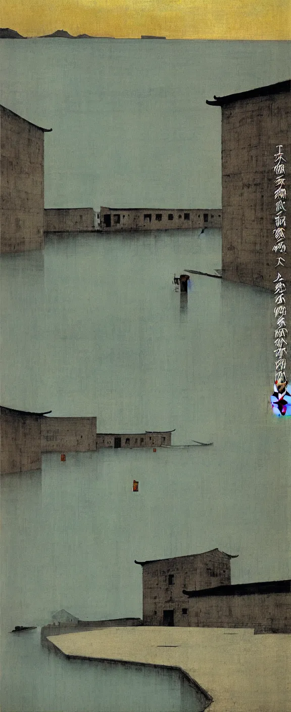 Image similar to a chinese prison near a river by peter doig, muted colors