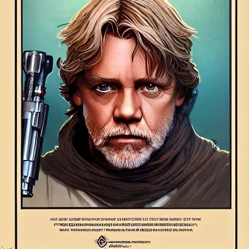 Image similar to luke skywalker grand master jedi from legends books, jedi from star wars, intricate detailed face, artgerm, greg rutkowski, alphonse mucha