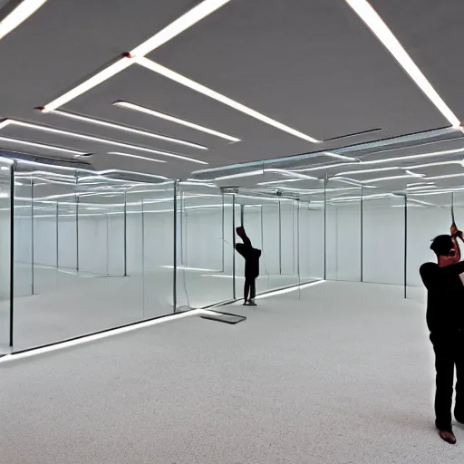 Prompt: a man taking a selfie in a large minimalistic concrete room upholstered sofas fluorescent ceiling lighting and a rectangular water feature in the center, a tilt shift photo by leandro erlich, featured on cg society, kitsch movement, hall of mirrors, high dynamic range, studio portrait
