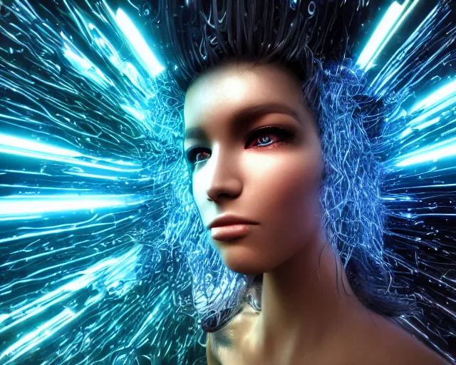 Prompt: cyberhair, complex cyberneticbeings, beautiful hairy cyberhumanoids, cybermagnetosphere, cybernetic ornate hair, love, joy, vortexes, large cyberarrays data holograms, 8 k, ultra hd, light shadows, wet hdr refractions, *, * * *, * * * * *