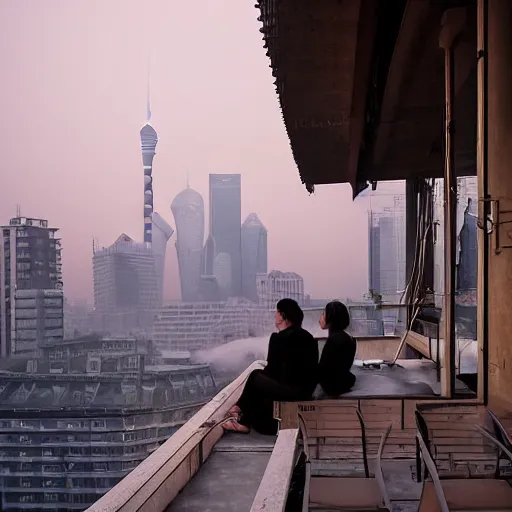 Prompt: a small rooftop with a couple of people sitting and watching the view, wearing black modern clothes, messy hair, modern shanghai bund in smog is on the background, sunset, pale colors, by gregory crewdson