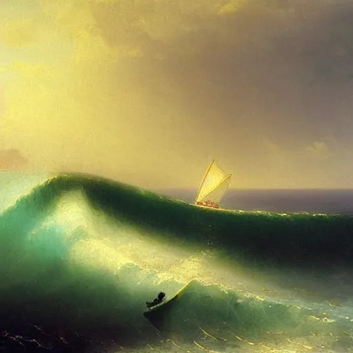 Image similar to a detailed matte painting of a long-haired gnome surfing huge ocean wave on a surfboard, painting by Ivan Aivazovsky
