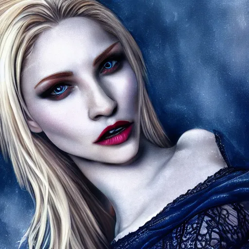 Image similar to Woman Vampire, goddess, detailed, high quality, 4k UHD, slim, curvy, blonde hair, realism, very coherent, high detail, hyper realism, blue eyes, 8K high definition, creative,