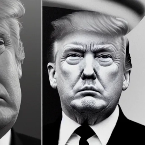 Image similar to a close up view of the face a hybrid between donald trump and hitler