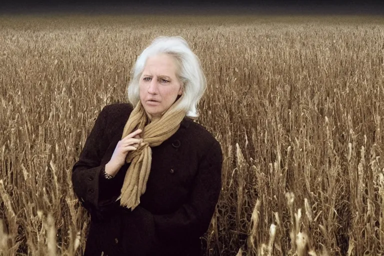 Image similar to a cinematic!!!! headshot portrait!!!! of a frozen middle aged woman stood in a field,!!! field on fire!!!, ultra realistic, depth, beautiful lighting, by!! annie leibovitz!!, by!! mattias adolfsson!!