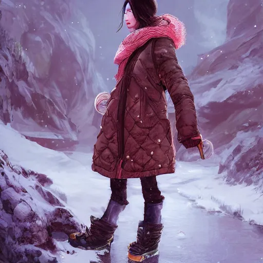 Prompt: the portrait a beautiful grocery young asia woman in down jacket, with a goosethe background is dust earth road ， river winter an snow, illustration by wenjun lin, irakli nadar, bright colors, octopath traveler, wenjun lin, unreal engine 5 highly rendered, global illumination, radiant light, detailed and intricate environment