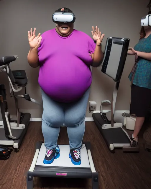 Image similar to Studio Photograph of a real life Super morbidly obese 800 pound American teenager Fat Albert wearing VR goggles while walking on a VR Treadmill in the Style of Annie Leibovitz,