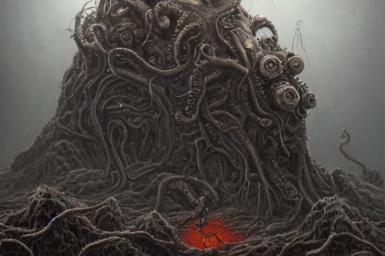 Image similar to Haunting horrifying hyperrealistic detailed painting of a demonic Lovecraftian creature sitting atop a giant pile of soulless husk humans in a foggy hellscape, dystopian feel, heavy metal, disgusting, creepy, unsettling, in the style of Michael Whelan and Zdzisław Beksiński, lovecraftian, hyper detailed, trending on Artstation