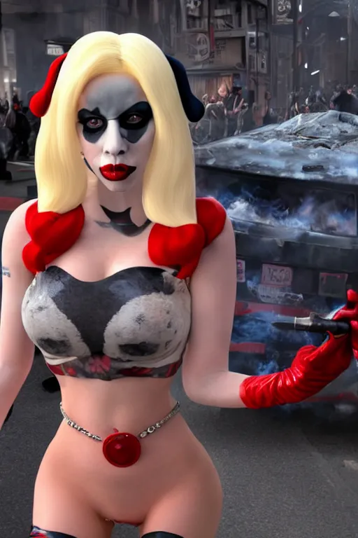 Image similar to lady gaga dressed as harley quinn, standing at a burning police car, highly detailed, wide shot, intricate, cute, mystical, sharp focus, Trending on news station HQ, unreal engine 5, 4K UHD image