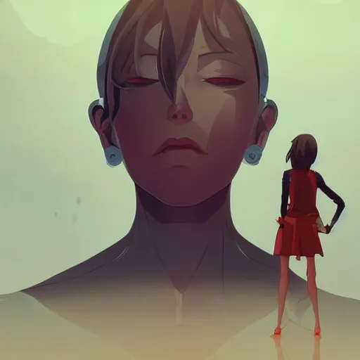 Image similar to a menacing android monster looming over a cowering female, clean cel shaded vector art. shutterstock. behance hd by lois van baarle, artgerm, helen huang, by makoto shinkai and ilya kuvshinov, rossdraws, illustration,