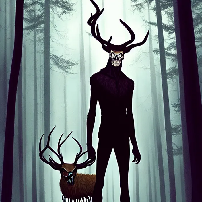 Image similar to rafeal albuquerque comic art, joshua middleton, tim jacobus, artgerm : : wendigo monster with deer skull face, antlers, furry body, tall and lanky : : walking through the forest : : night time : : spooky, scary, fog