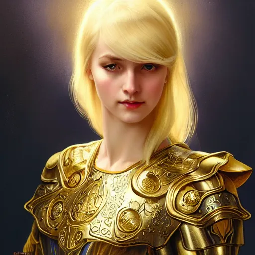 Image similar to of Alice Zuberg, young woman with blonde hair and bangs wearing a golden ornate paladin armor with a blue cloak, dark fantasy, medium shot, intricate, elegant, highly detailed, digital painting, volumetric light, artstation, concept art, smooth, sharp focus, illustration, art by Gil Elvgren and Greg Rutkowski and Alphonse Mucha