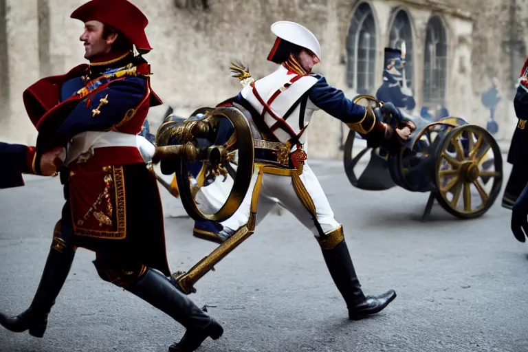 Image similar to closeup portrait of emmanuel macron dressed as napoleon dragging a cannon in the street, natural light, sharp, detailed face, magazine, press, photo, steve mccurry, david lazar, canon, nikon, focus